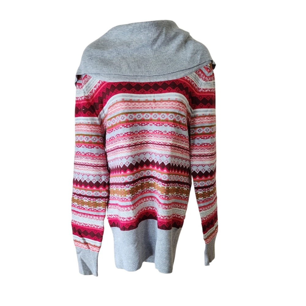Athleta Women's Medium Fair Isle Cowl Neck Sweater Gray Pink Knit Cozy M